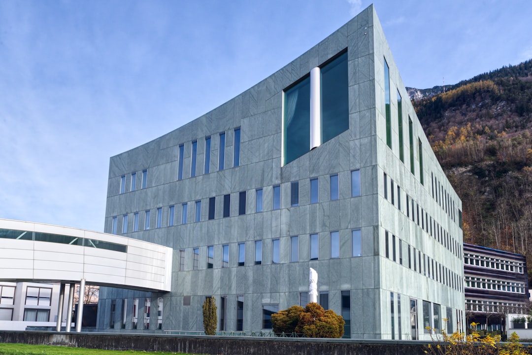 The curved roof construction is not an illusion of the lens. The facade is made of green Andeer granite.